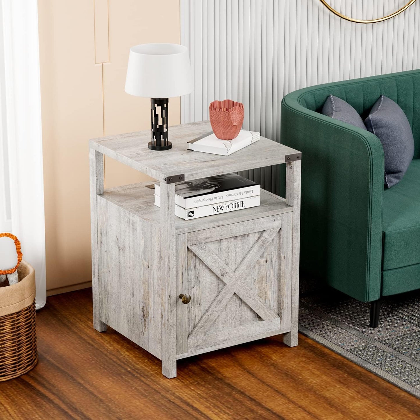 Farmhouse Nightstand with Charging Station, Grayish White End Table Bedroom with Storage Living Room Side Table Beige Night Stand Industrial Bedside Bed Table with USB Ports and Outlets