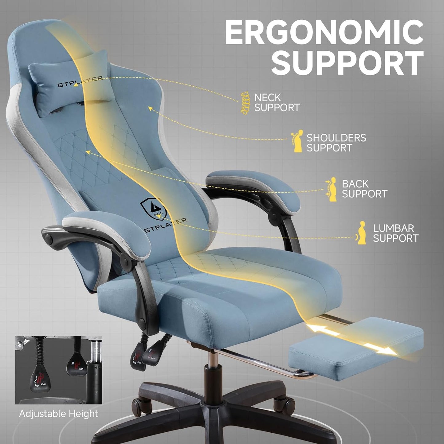 GTPLAYER Office Chair, Gaming Computer Desk Fabric Chair with Footrest, High Back Ergonomic Office Chair with Pocket Spring Lumbar Support and Linkage Armrests Adjustable Height Swivel for Home Task