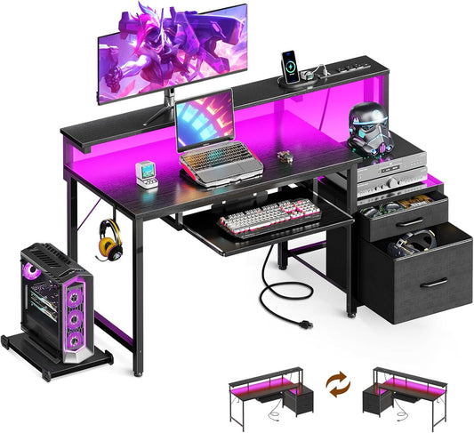 AODK Computer Desk with Drawers and Keyboard Tray, 48" Office Desk with Power Outlet and LED Lights, Reversible Study Work Desk with Printer Shelf and PC Stand for Home Office, Black