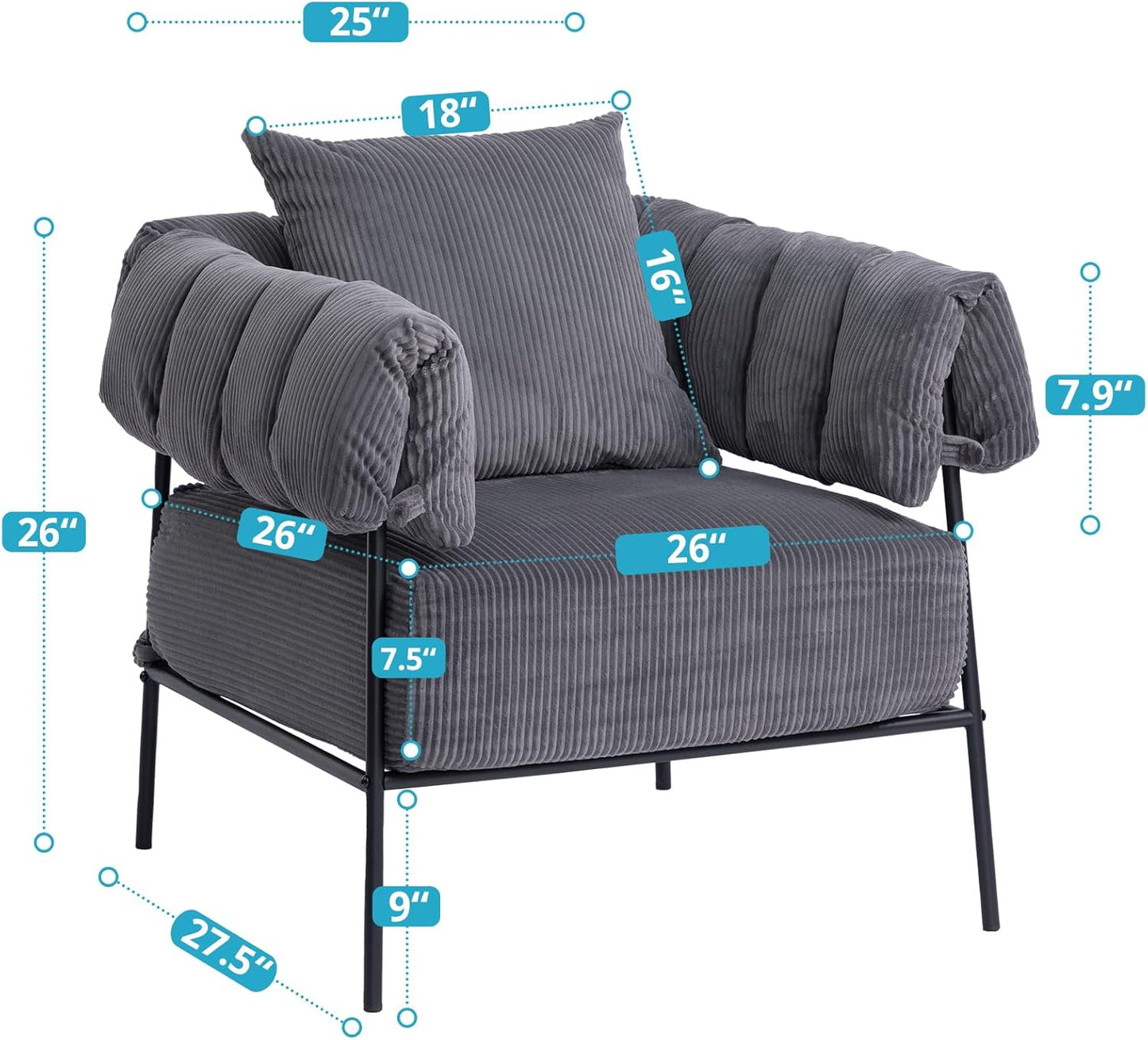 HollyHOME Modern Velvet Accent Chair, Upholstered Comfy Reading Chair, Fabric Large Lazy Arm Chair with Soft Cushion, Metal Frame Lounge Sofa Chair for Living Room, Bedroom, Balcony,Dark Grey