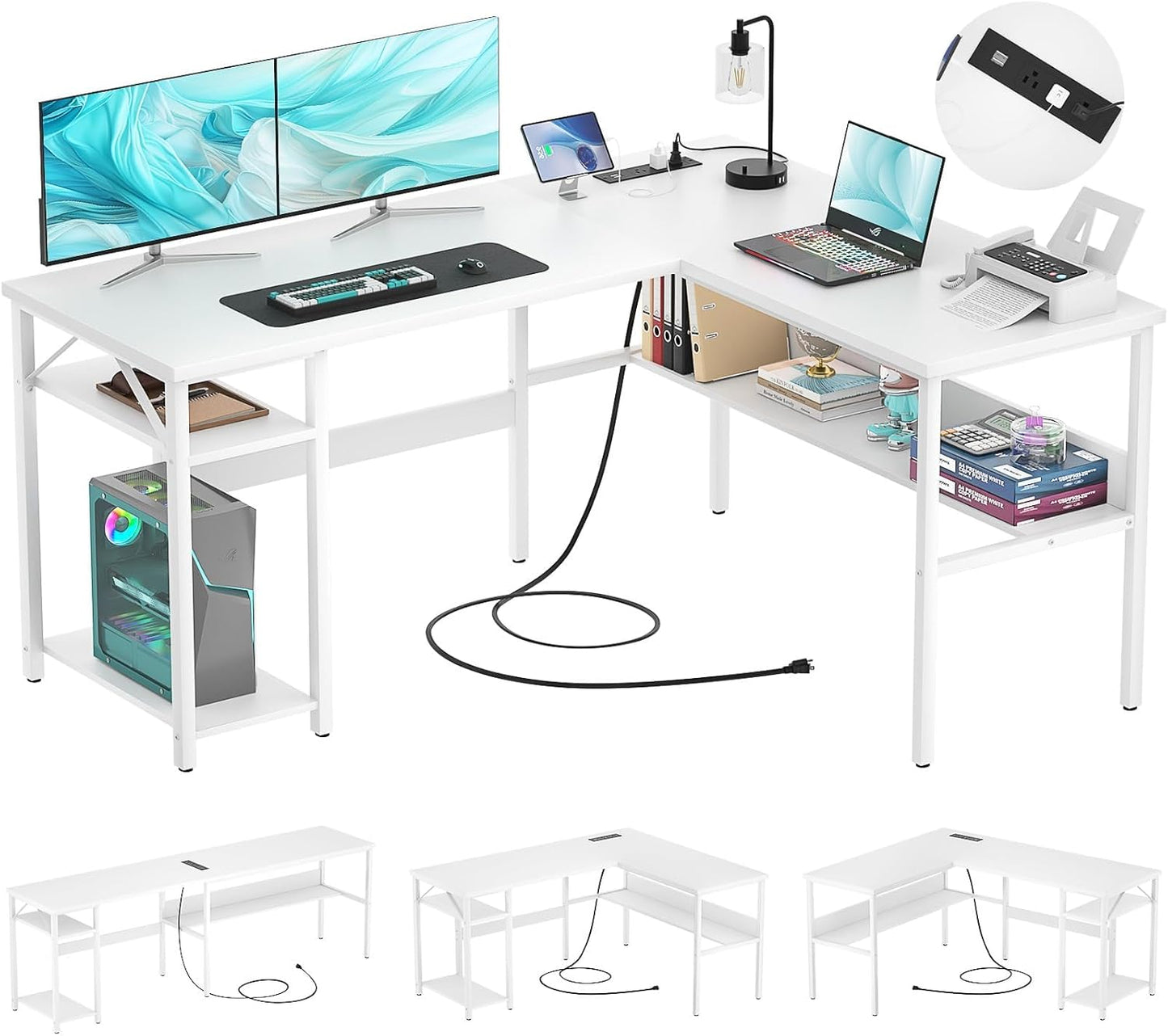 Reversible L Shaped Gaming Desk with Power Outlets and USB Charging Ports, Sturdy Computer Desks with Storage Shelf, Modern Corner Desk Home Office Table, Easy to Assemble, White