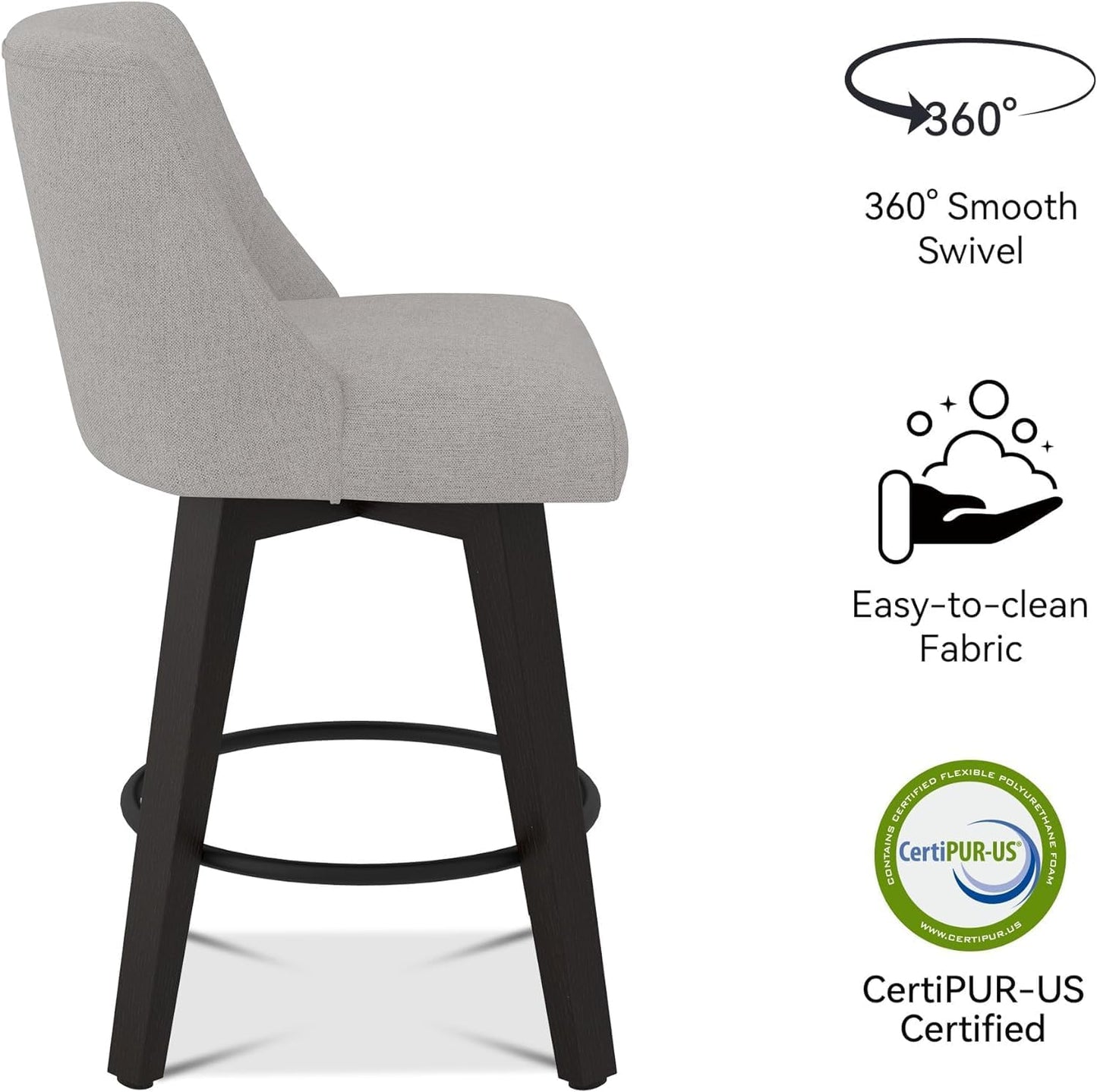 Counter Height Bar Stools Set of 2, 360°Swivel Upholstered Barstools with Back and Solid Wood Legs, 26" H Seat Height, Fabric in Fog Grey