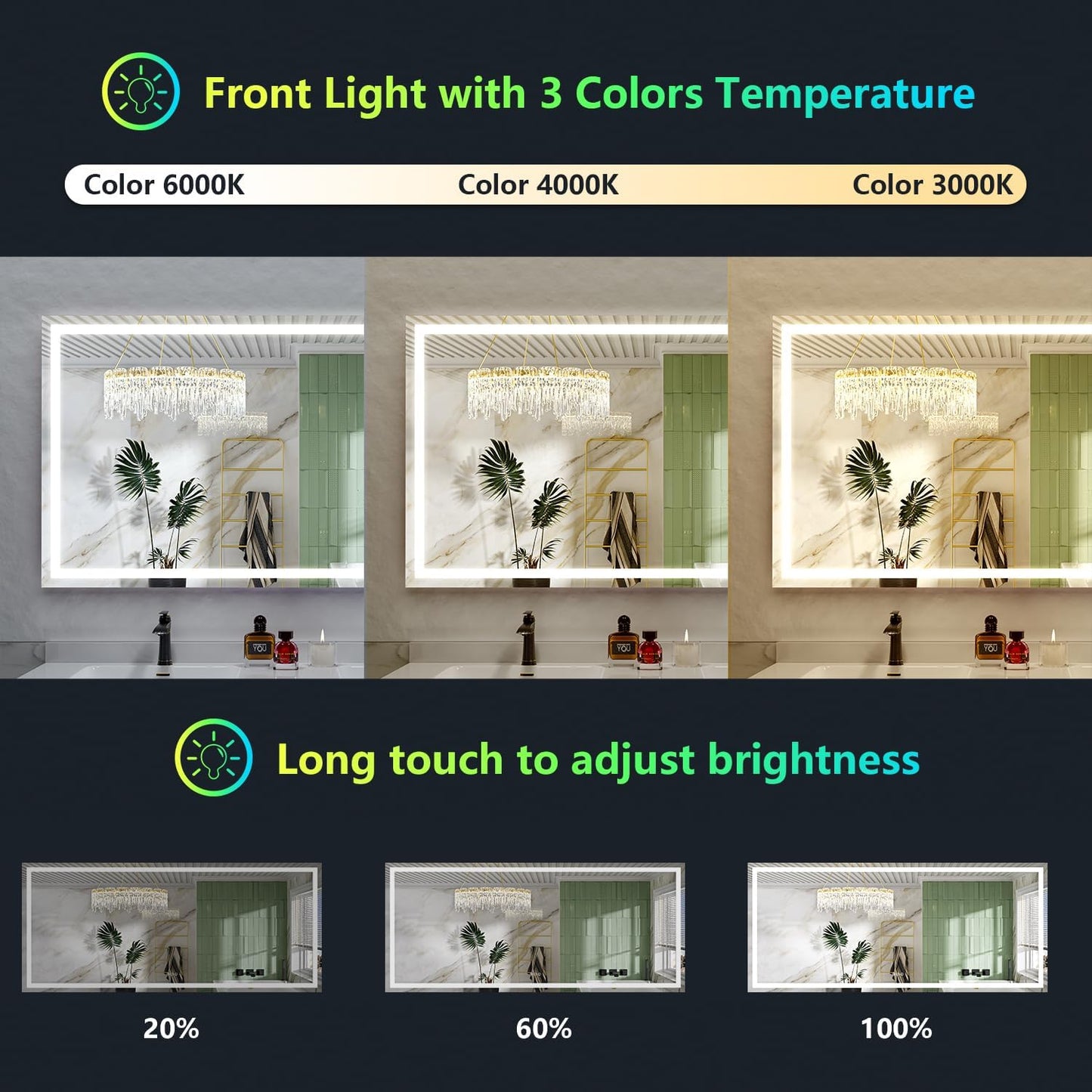 88x38 Inch RGB LED Bathroom Mirror Front Lit and RGB Backlit Lighted Vanity Mirror for Bathroom Wall Dimmable Anti Fog Memory Shatter-Proof IP54 Waterproof Horizontal/Vertical