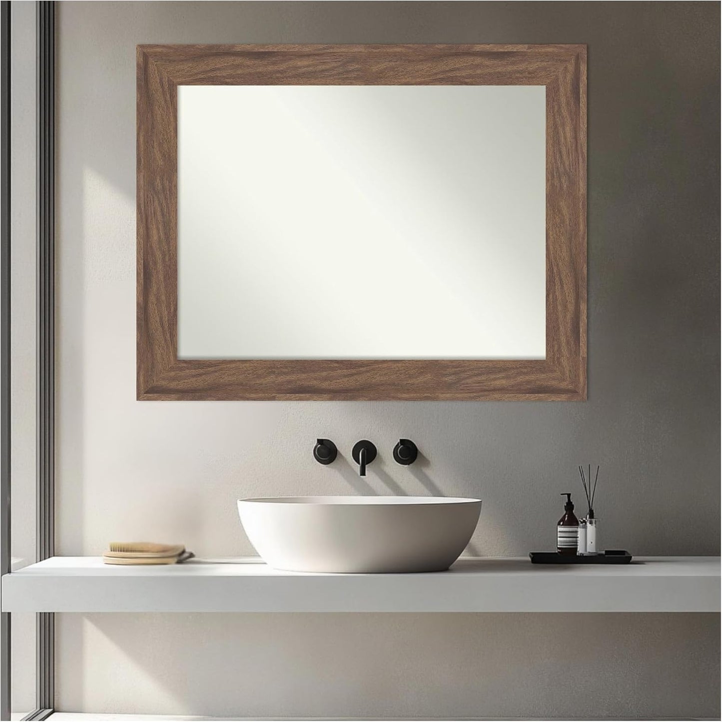 Amanti Art Brown Bathroom Mirror for Over Sink, 29x23 Pia Medium Brown Rectangle Vanity Mirror, Medium Casual Frame, Hangs Horizonally and Vertically, Bathroom Wall Decor, Non-Beveled Edge
