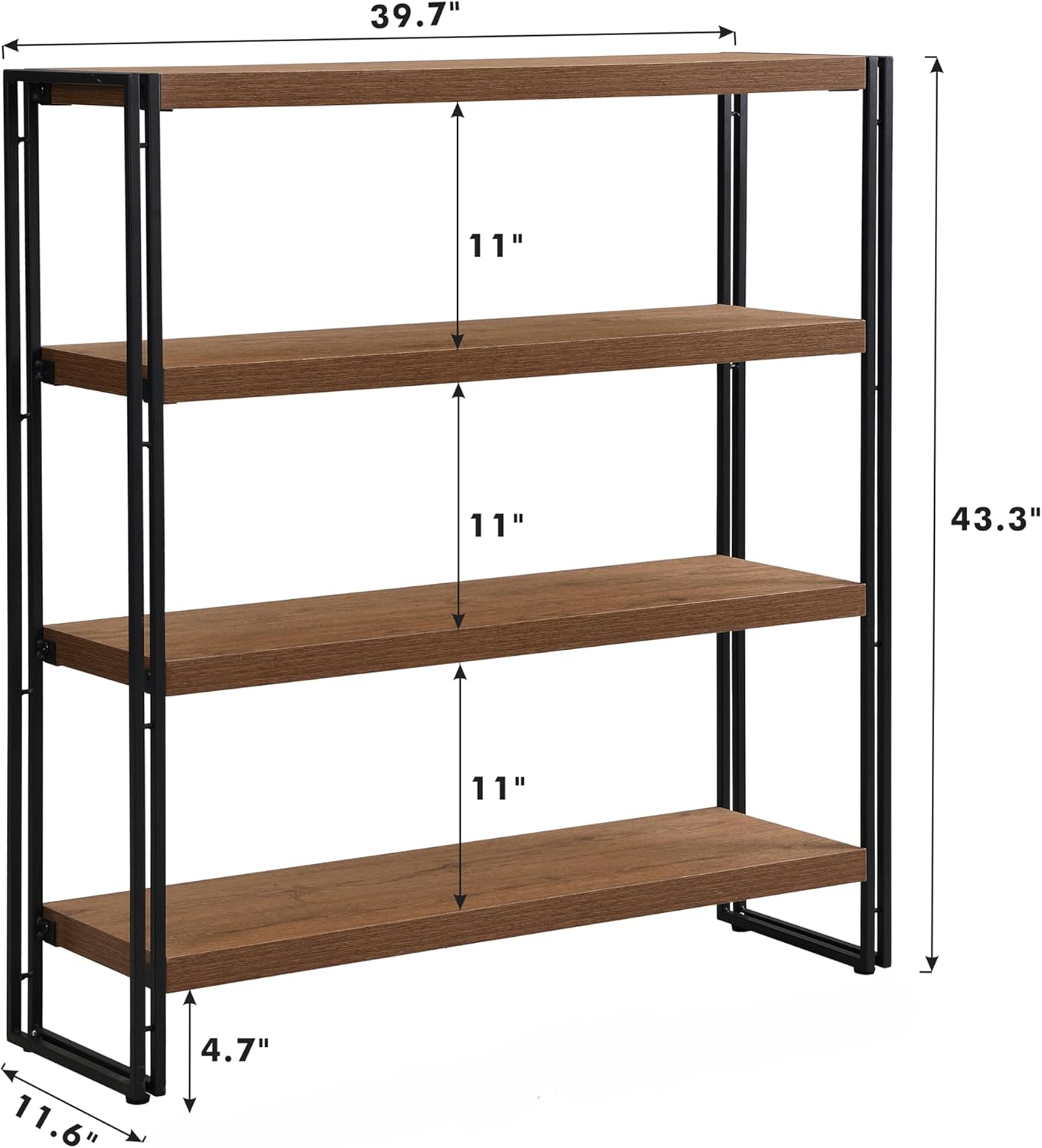 4 Tier Bookshelf Rustic Industrial Bookcase with Modern Open Wood Shelves, Brown