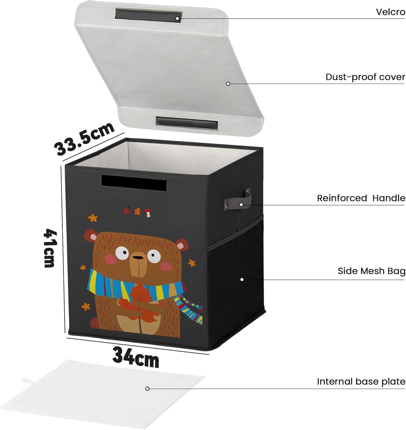 40L Large Toy Storage Box with Lid, Large Toy Box Chest for Kids, Girls and Boys, Nursery Room and Living Room, 13"x13" x16" (black-bear)
