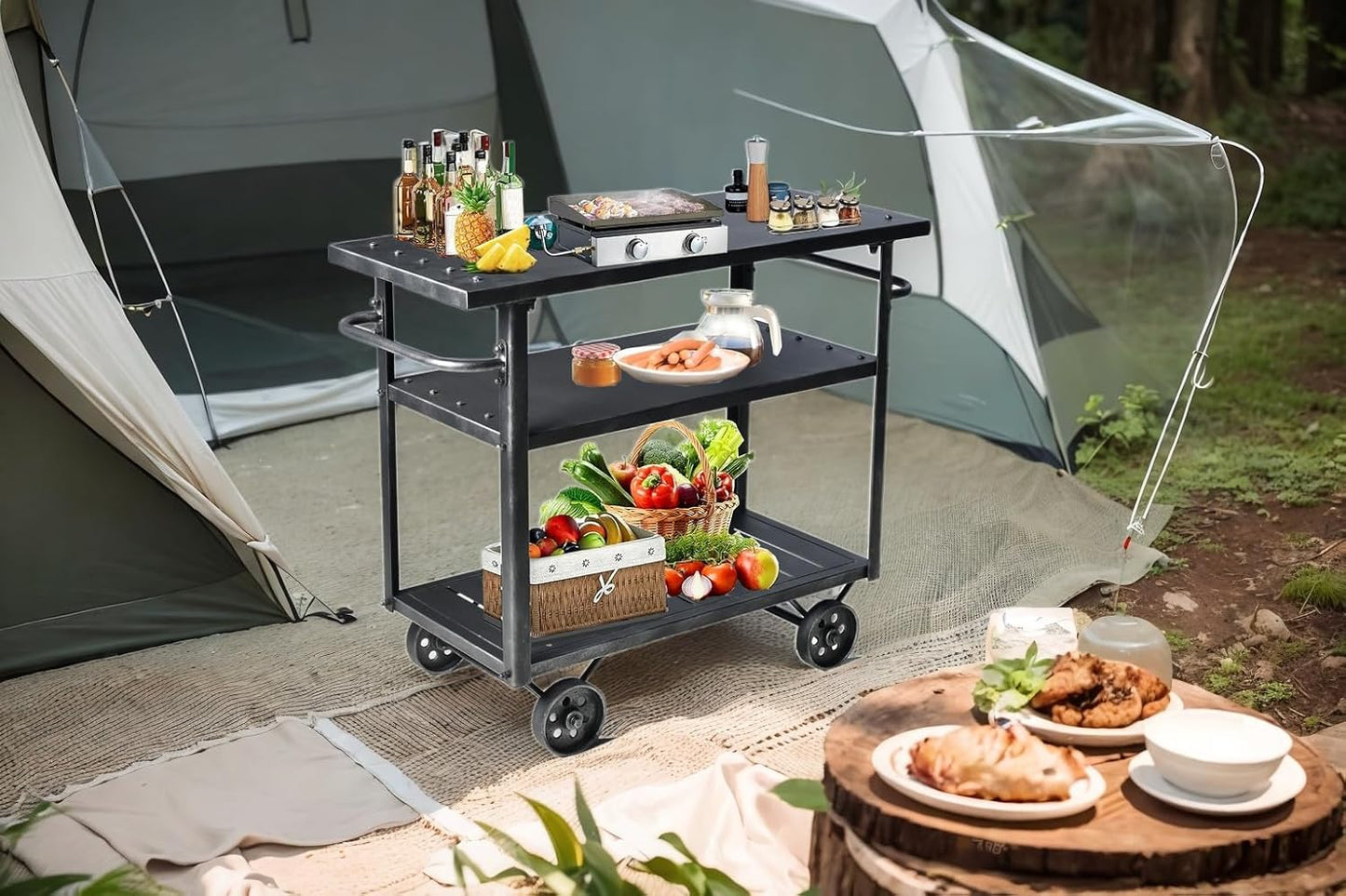 Industrial 3 Tier Mobile Bar Cart Rustic Metal Serving Cart with Wheels and Side Handles Vintage Rolling Kitchen Stand Cart-LxWxH: 36.2 * 15.75 * 30.5inch