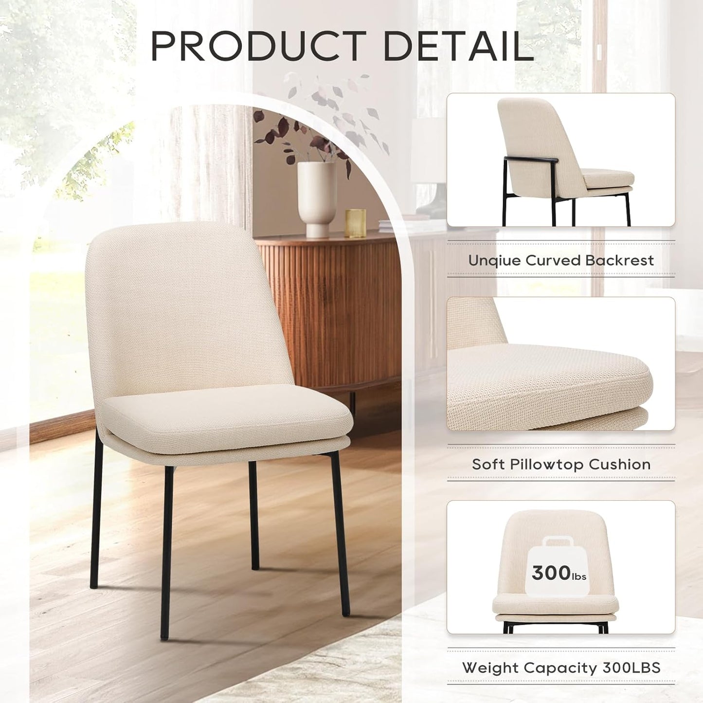 COLAMY Dining Chairs Set of 6, Fabric Upholstered Dining Room Chairs Dinner Chair Stylish Kitchen Chairs with Curved Back and Metal Legs, Beige