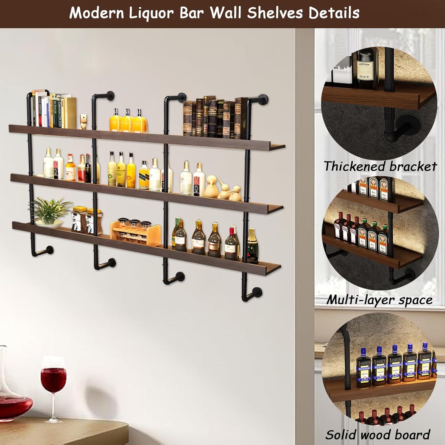 47.2in Large Wine Rack with LED Light Solid Wood Wall Mounted Wine Rack, 3-Tiers Liquor Bottles Floating Shelves Display Storage Organizer for Home Bar & Dining Room (120cm/47.2in)