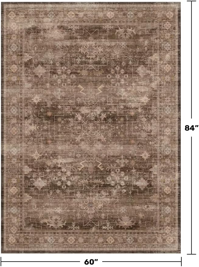 Boho Taupe Brown 5x7 Living Room Rug - Modern Vintage Traditional Oriental Neutral, Washable Low Pile Non-Slip Large Area Rugs for Nursery Dining Under Table