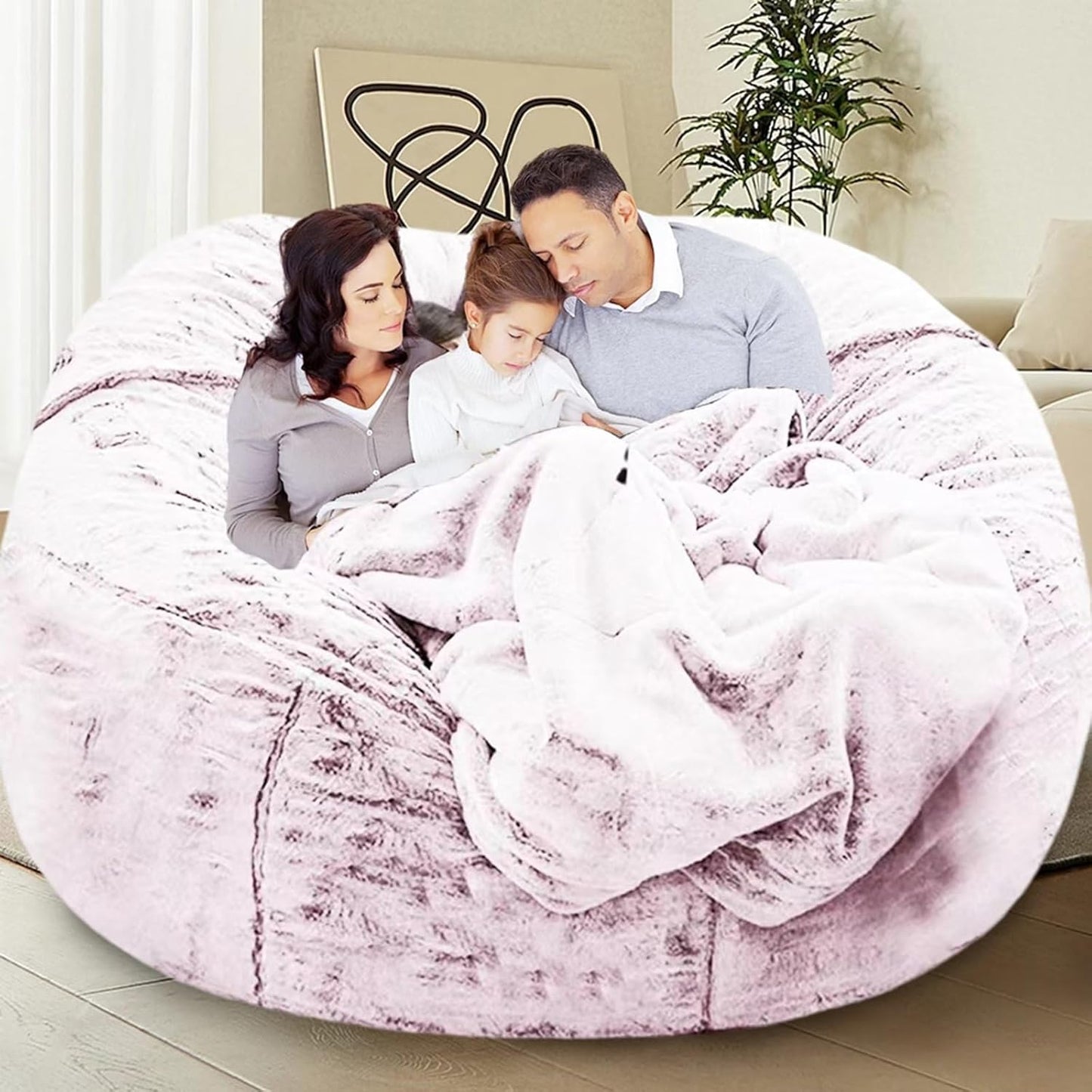 Bean Bag Chair for Adults Kids Without Filling Comfy Oversized Round Lazy Sofa Bean Bag Cover for Stuffed Animal Storage Bedroom Living Room Chairs, 6FT, Silver Pink