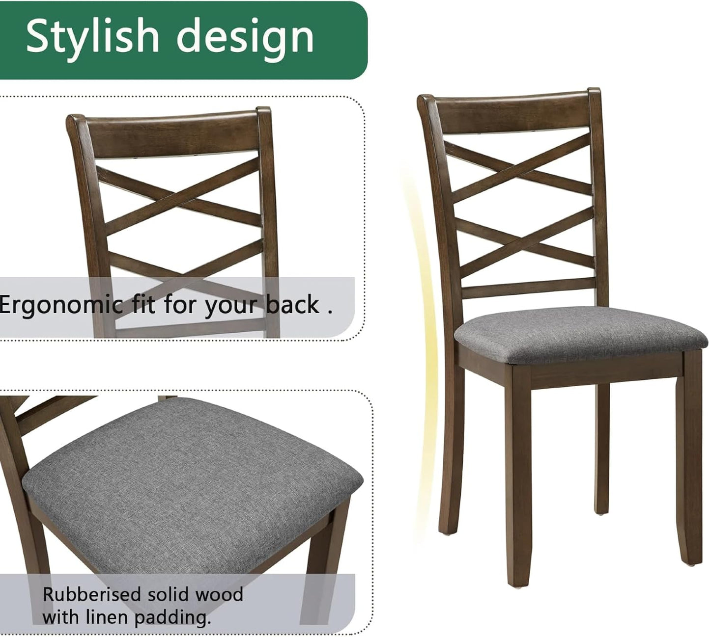 Dining Table Set, Wooden Kitchen Table Set with Square Table, 4 Flat X Backrest Upholstered Chairs, Table and Chairs with Non-Slip Feetmats for 4 People, Living Room and Kitchen, Walnut