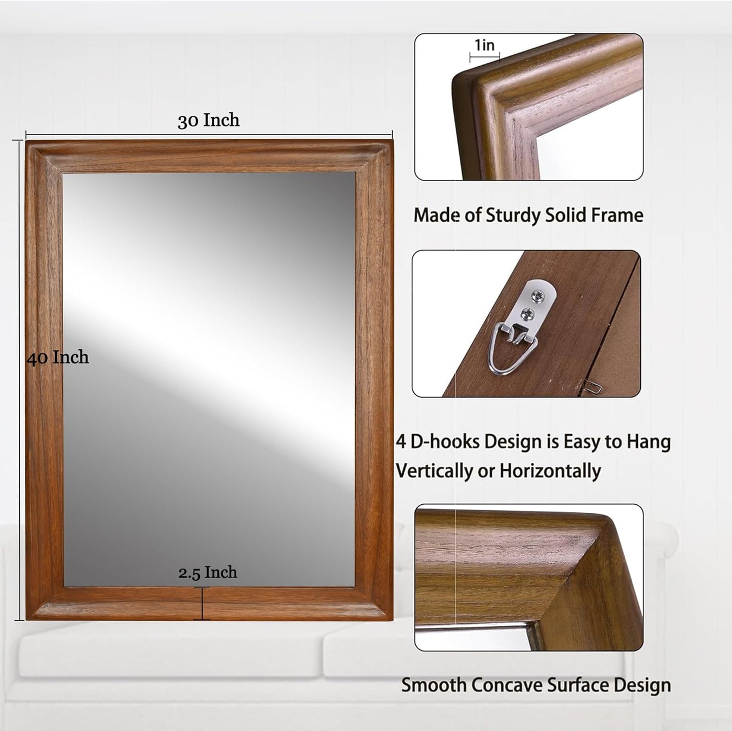 CULER Rustic Wood Wall Mirror for Bathroom,Rectangle Large 30 x 40 inch Hanging Mirrors with Wooden Frame for Living Room,Bedroom,Entryway(Walnut Brown)