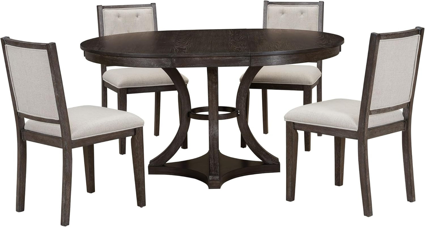 Merax 5-Piece Extendable Round Dining Table Set 42"-58" Retro Functional Table and 4 Upholstered Chairs for Dining Room and Living Room (Espresso)