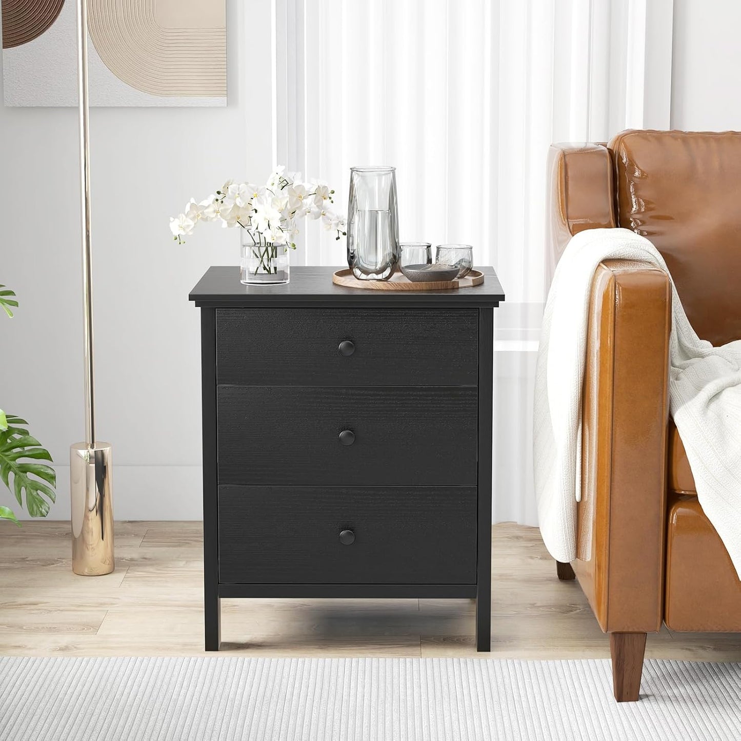 KOMFOTT 3 Drawers Nightstand, Wooden Bedside Table, Modern Sofa Side End Table, Space-Saving Telephone Table, Chest of Drawers for Living Room, Bedroom & Office (1, Black)
