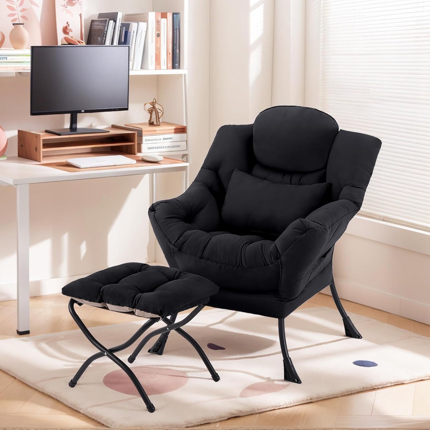 Lazy Chair with Ottoman, Comfy Fabric Accent Lounge Arm Chair with Lumbar Pillow and Folding Footrest, Reading Leisure Sofa Chair for Bedroom, Living Room, Dorm,Black