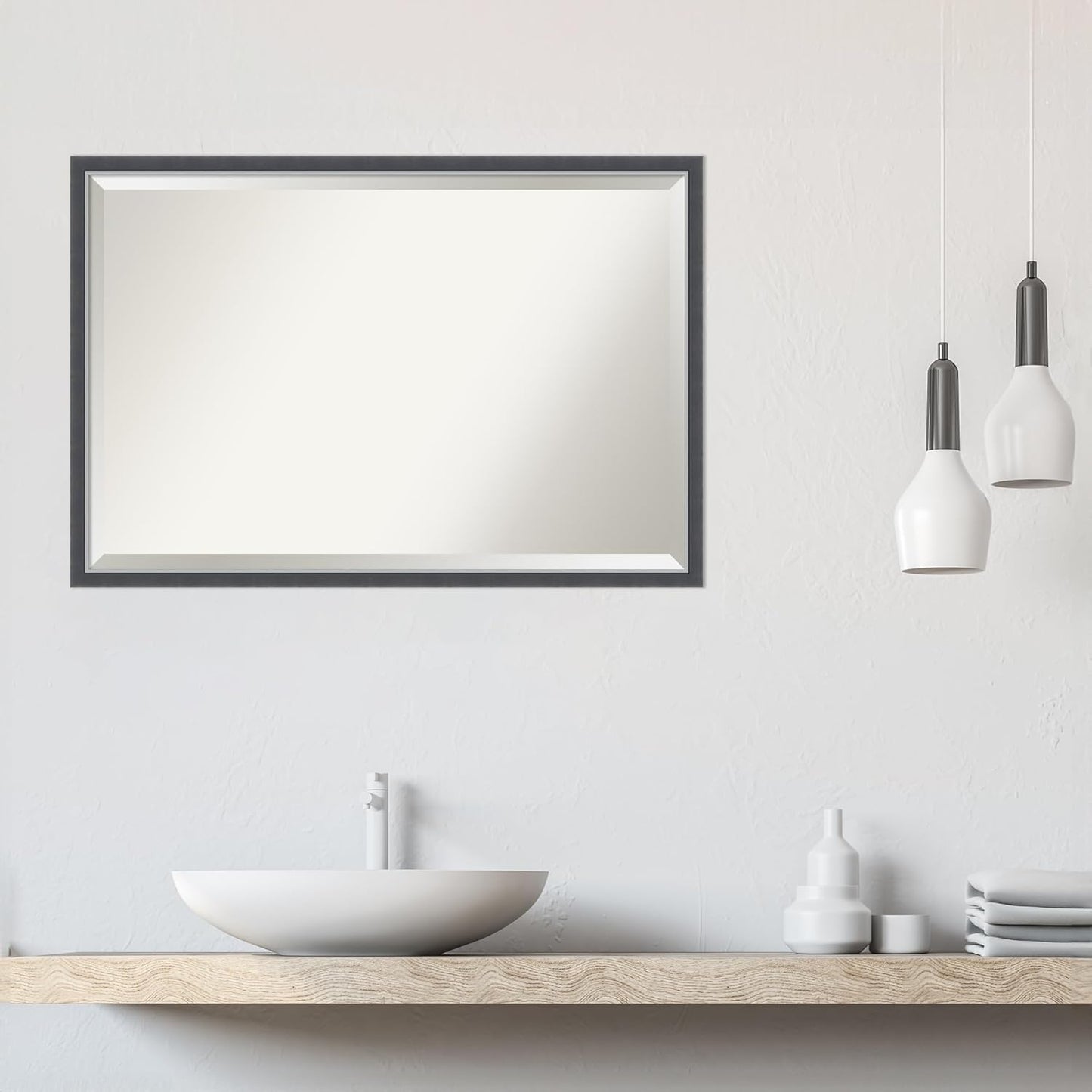 Amanti Art Black Bathroom Mirror for Over Sink, 26x38 Eva Black Silver Thin Rectangle Vanity Mirror, Large Modern Frame, Hangs Horizonally and Vertically, Bathroom Wall Decor, Beveled Edge