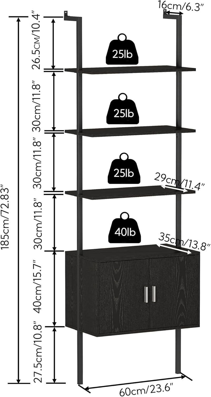 Yusong 73" Tall Bookshelf with Cabinet, Industrial Ladder Wall Mount Shelf Bookcase with Wood and Metal Frame, Plant Shelf Wall Storage Display for Living Room Bedroom, Black Wood Grain