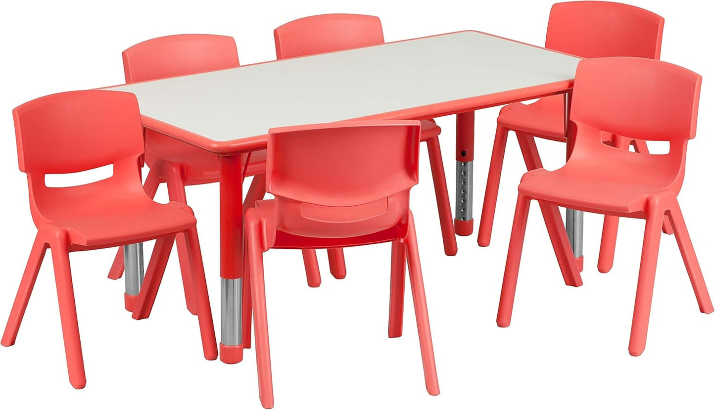 Flash Furniture Emmy Adjustable Classroom Activity Table with 6 Stackable Chairs, Rectangular Plastic Activity Table for Kids, 23.625" W x 47.25" L, Red/Gray