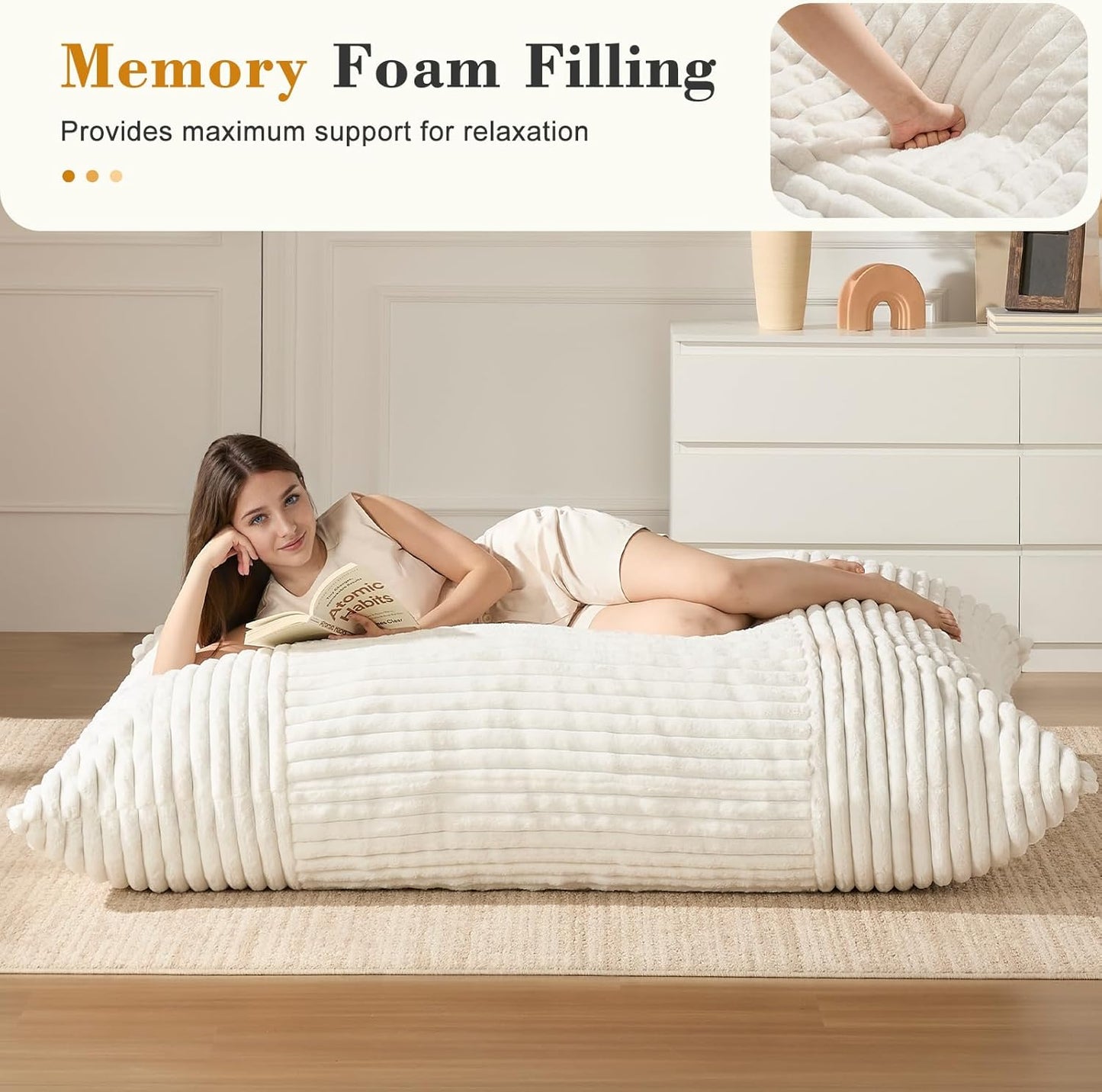 3-in-1 Giant Bean Bag Chair for Adults & Kid, Convertible Floor Sofa to Mattress, High-Density Foam Chair Bed with Washable Cover, Multi Functional Lounge Couch for Bedroom, Living Room (Beige)