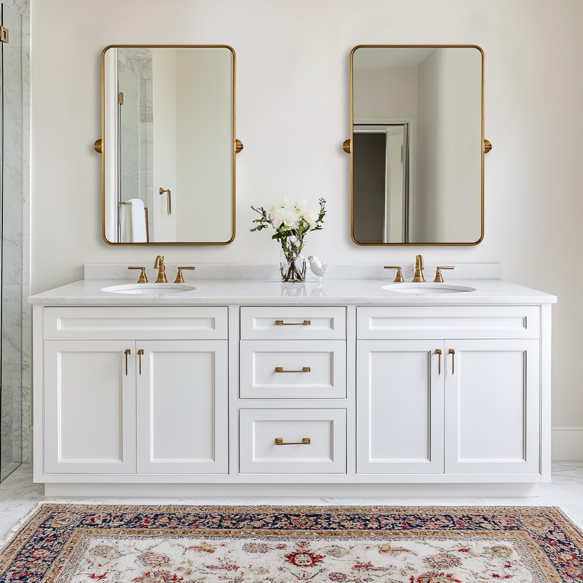 ANDY STAR Gold Pivot Mirror, 20" x 28" Brushed Brass Metal Frame Vanity Mirrors for Over Sink, Farmhouse Rectangle Bathroom Mirror with Adjustable Tilting Design Wall Mounted