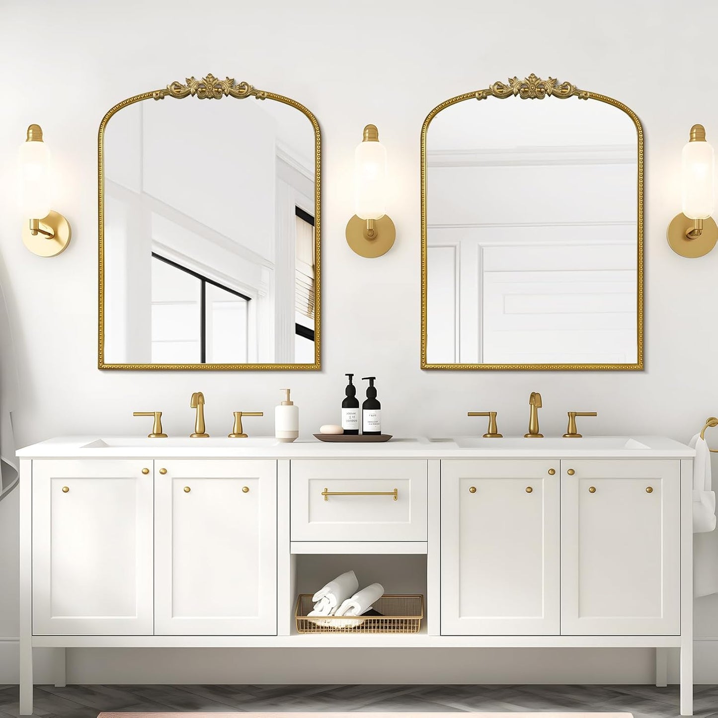 WallBeyond Gold Vintage Mirror - 24x32 Inch, Arched Antique Mirror with Ornate Frame for Bathroom, Living Room, Fireplace, Entryway