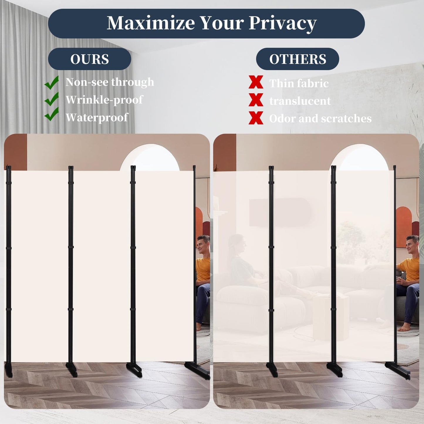 Room Divider Folding Privacy Screens with Lockable Wheels, 132'' Partition Room Dividers Freestanding Room Divider Fabric Panel for Room Separation, Wall Divider for Home Office Bedroom Dorm Decor