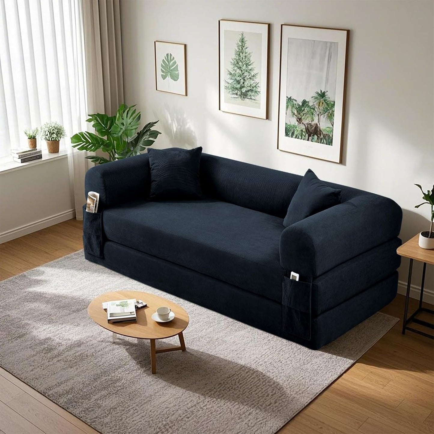 80" Convertible Sofa Bed, Corduroy Deep Seat Folding Pull Out Couch with Pillows, No Assembly Modern Boneless Couch Compression Sofa in Box, Floor Sofa with Storage Pocket for Living Room,Navy Blue
