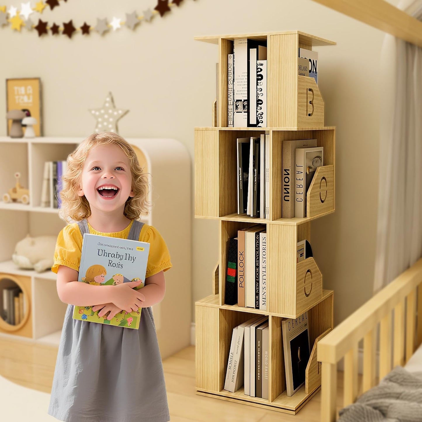 4 Tier Kids Rotating Bookshelf, Premium Pine Wood Space Saving Bookshelf Holds 100+ Books, 360° Spinning, Great for Larger Reads in Kids’ Room, Living Room & Office, Easy to Assemble