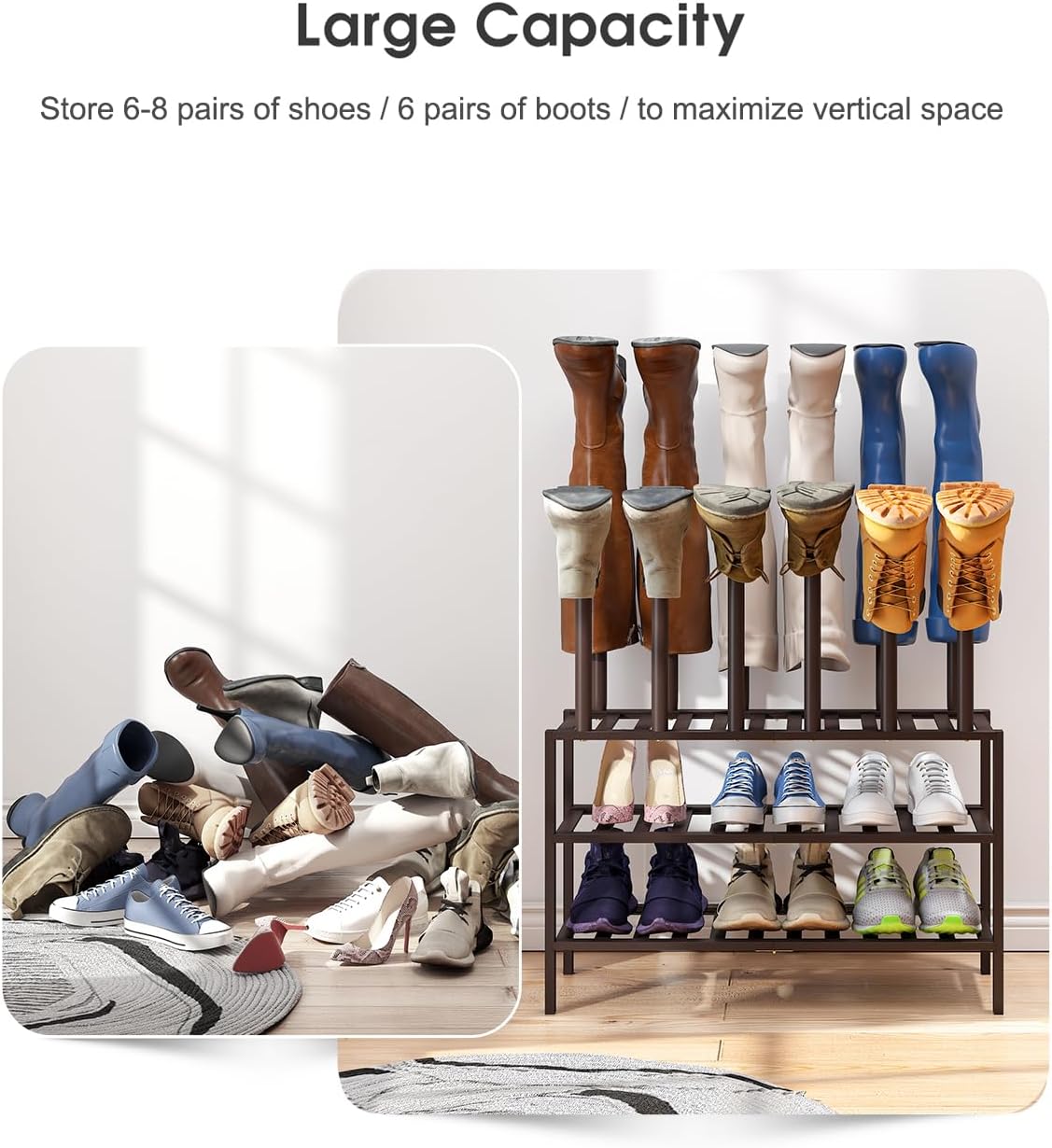 Boot Rack, Brown Boot Rack Organizer Tall Boots with Shoe Rack for Closet, Bamboo Wood Shoe Shelf Storage Organizer for Entryway Space
