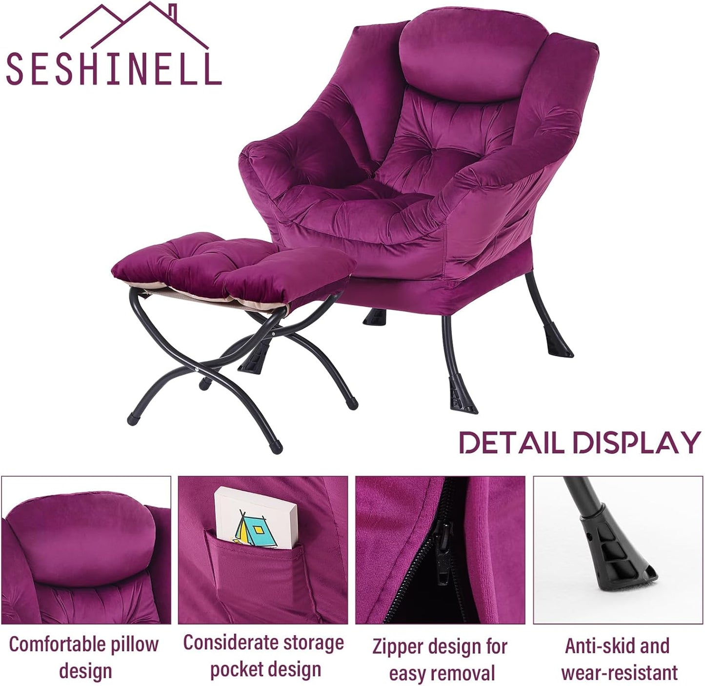 Lazy Chair with Ottoman, Modern Accent Chair Lounge Leisure Sofa Chair with Armrests, Reading Chair and Folding Footstool Set for Living Room, Bedroom, Office