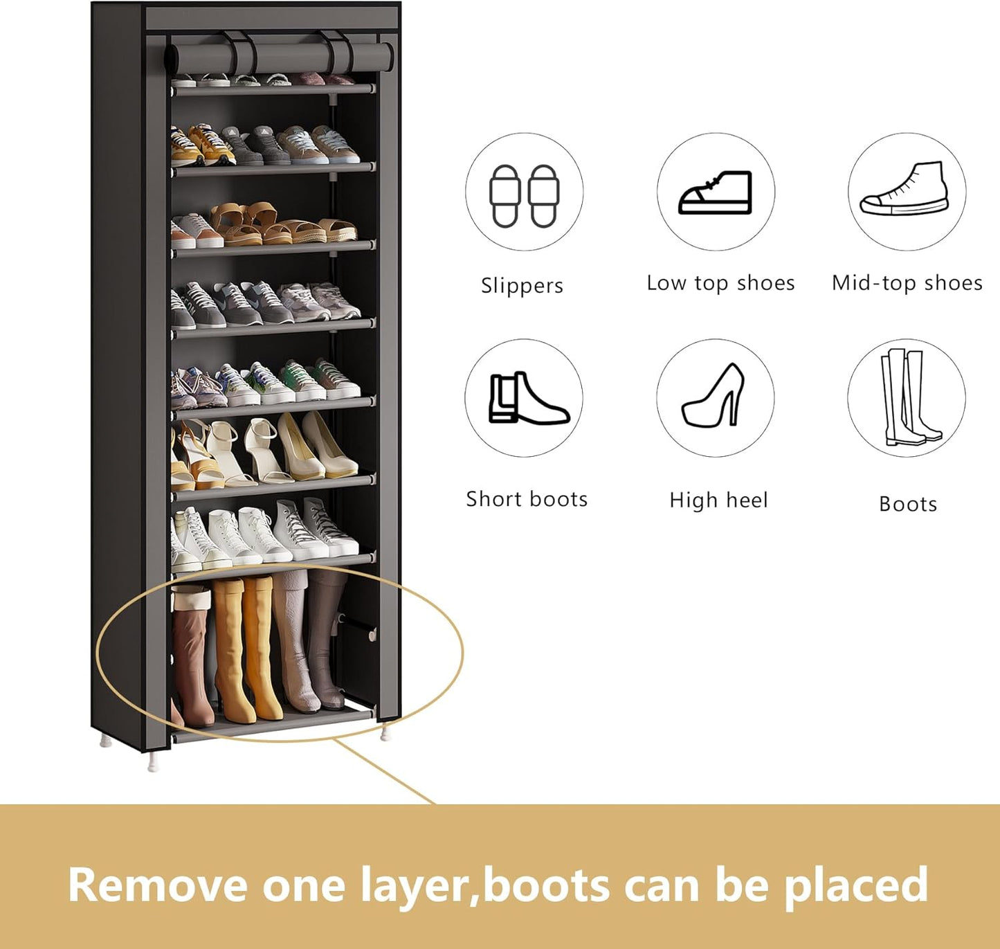 Calmootey 9 Tier Shoe Rack Organizer,Portable Shoe Shelf with Nonwoven Fabric Cover for Closet Hallway,Bedroom,Entryway,Grey