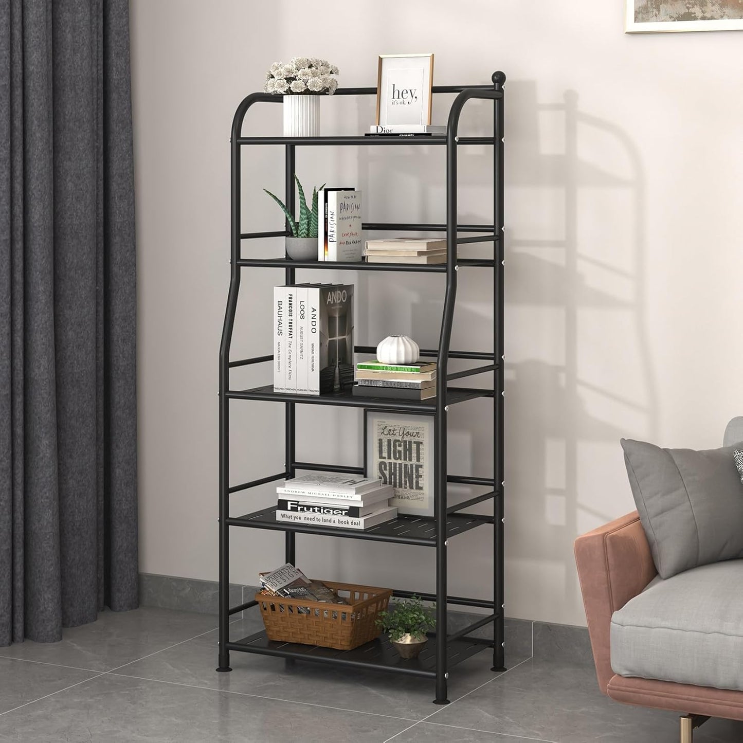 5 Tier Metal Shelf Storage Shelves Living Room Bookshelf Bathroom Corner Storage Rack for Kitchen,Indoor Plant Stand (Matte Black, 5 Tier)