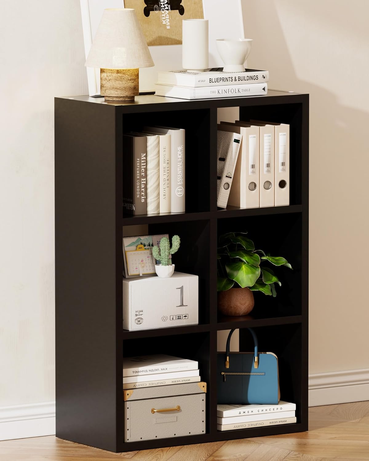 GTPLAYER 6-Cube Storage Organizer, Fits 11" Bins, Vertical or Horizontal Use, Opening Bookshelf, Partial Back Panels, Stackable Design Bookcase, for Closet, Bedroom, Home Office, Black