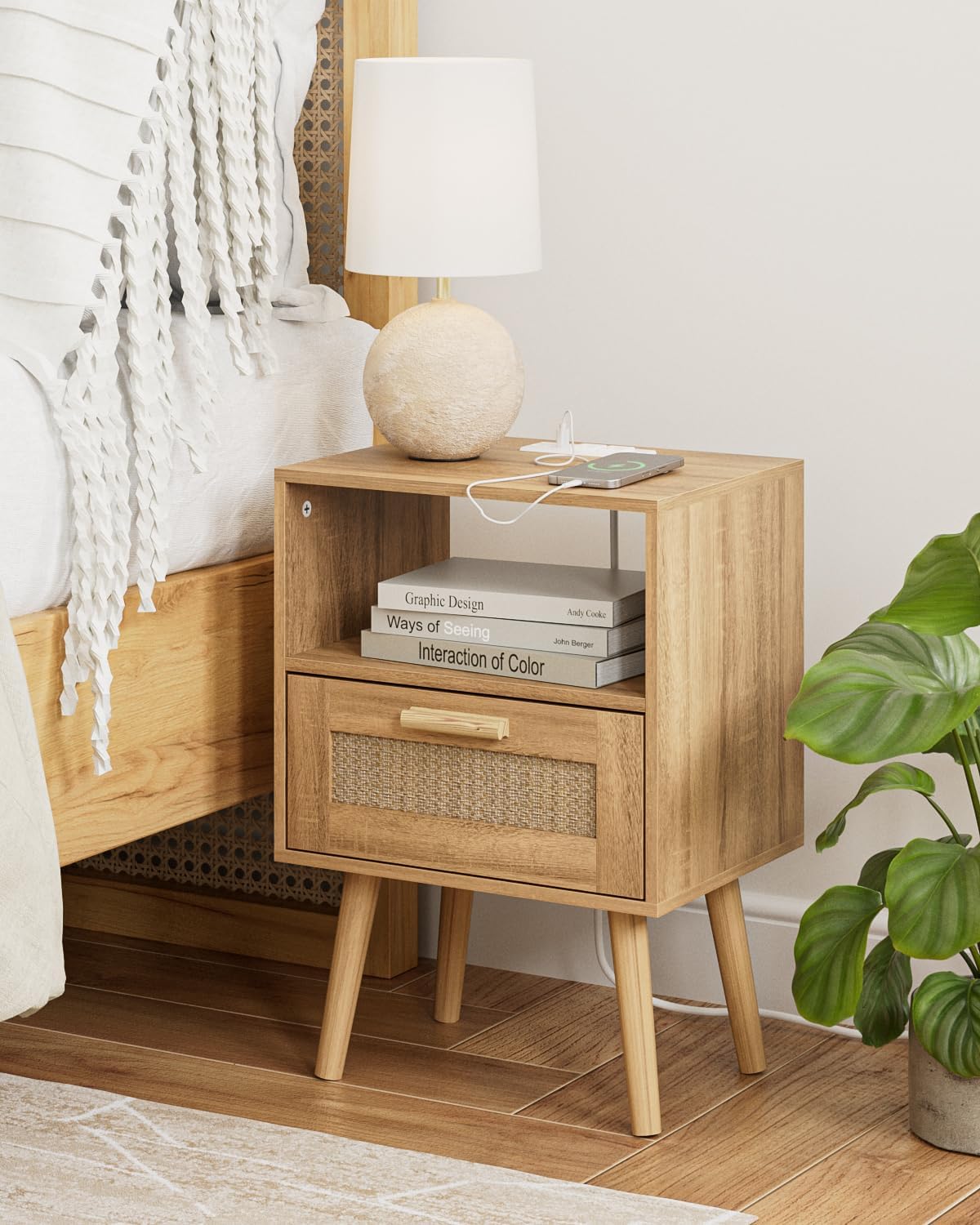Rattan Nightstand with Charging Station, Small Night Stand, Side Table with Drawer Open Shelf, Cane Accent Bedside End Table with Wood Legs, Modern Nightstand for Bedroom, Oak (Modern)