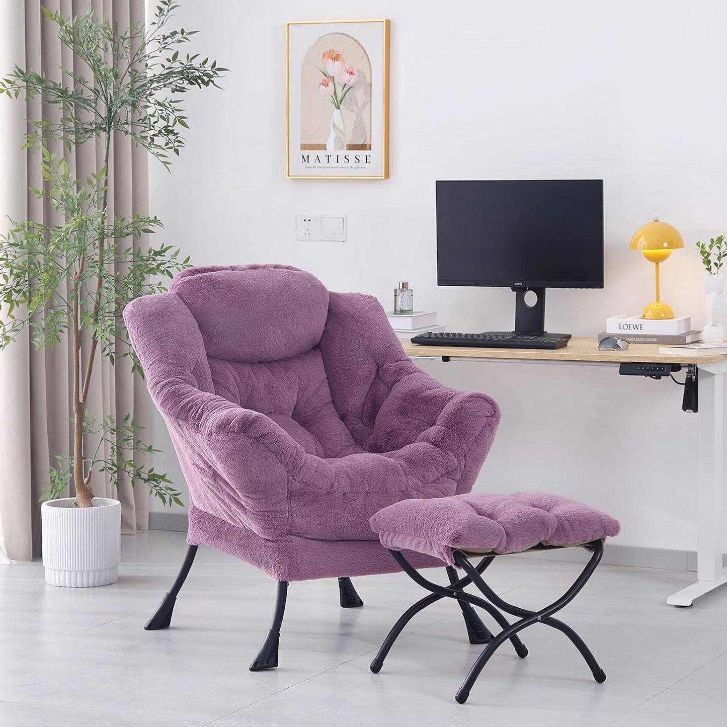 Lazy Chair with Ottoman, Modern Accent Chair Contemporary Lounge Leisure Sofa Chair with Armrests, Reading Chair and Folding Footstool Set for Living Room, Bedroom, Office