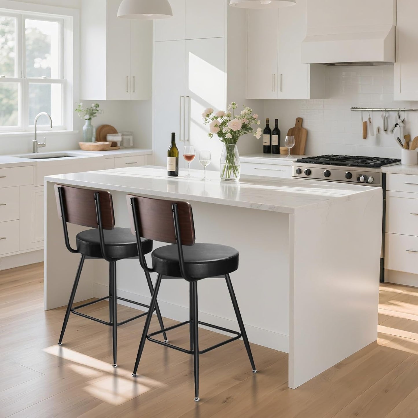 Bar Stools, 25 Inch Swivel Counter Height Bar Stools Set of 2, Black Faux Leather Swivel Bar Stool with Wood Back & Metal Legs for Kitchen Island Pub, Black