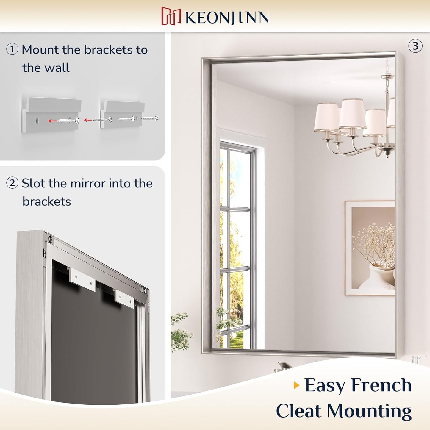 Keonjinn Brushed Nickel Bathroom Mirror for Wall 22 x 30 in, Rectangular Metal Framed Silver Mirror for Vanity Square Corner Aluminum Alloy Rectangle Modern Mirror for Over Sink(Horizontal/Vertical)