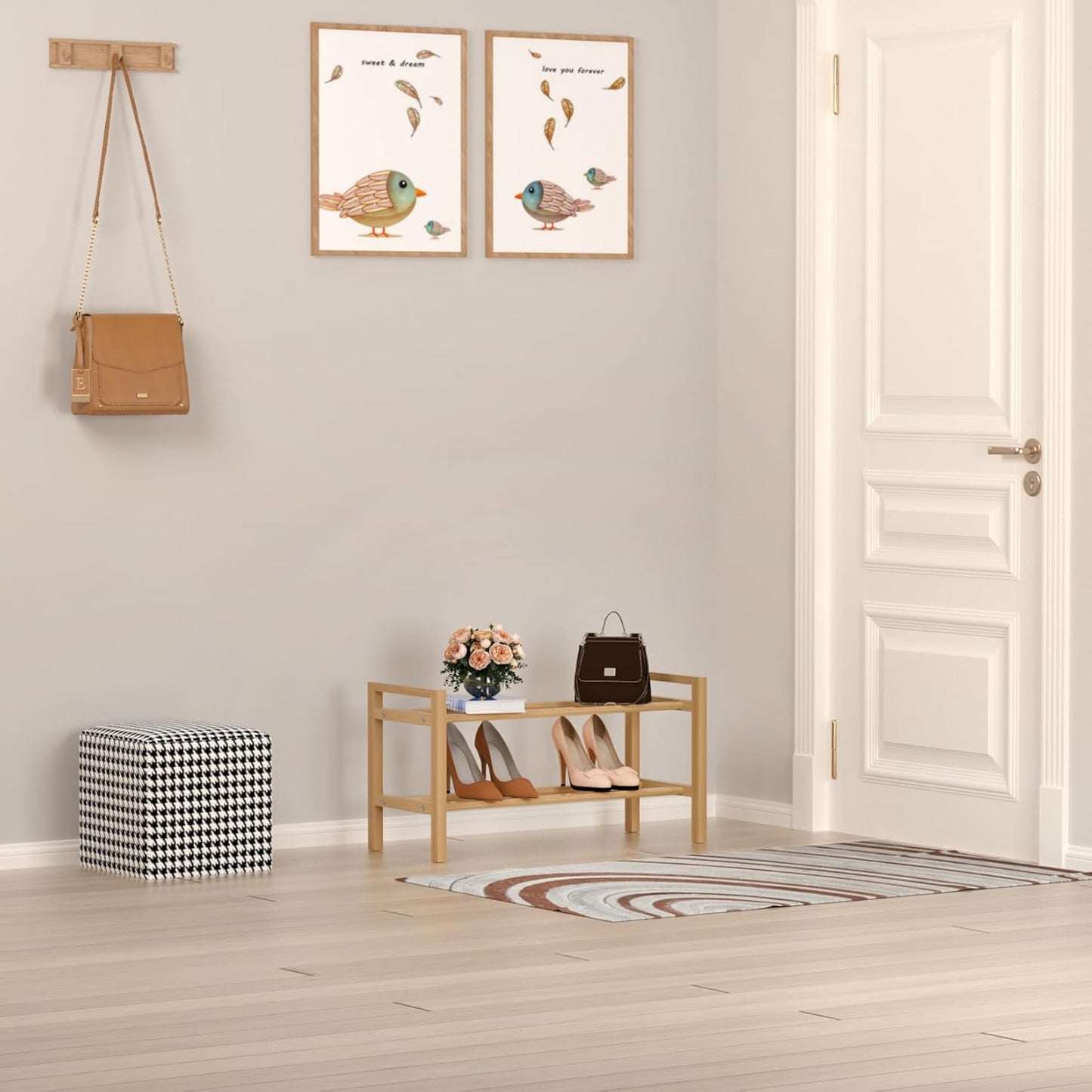 Haddockway Bamboo Shoe Rack for Closet, Free Standing Shoe Organizer with Smooth Round Rods & Convenient Handles, Stackable Shoe Storage Shelf for Entryway, Hallway(Natural, 2-Tier(Small))