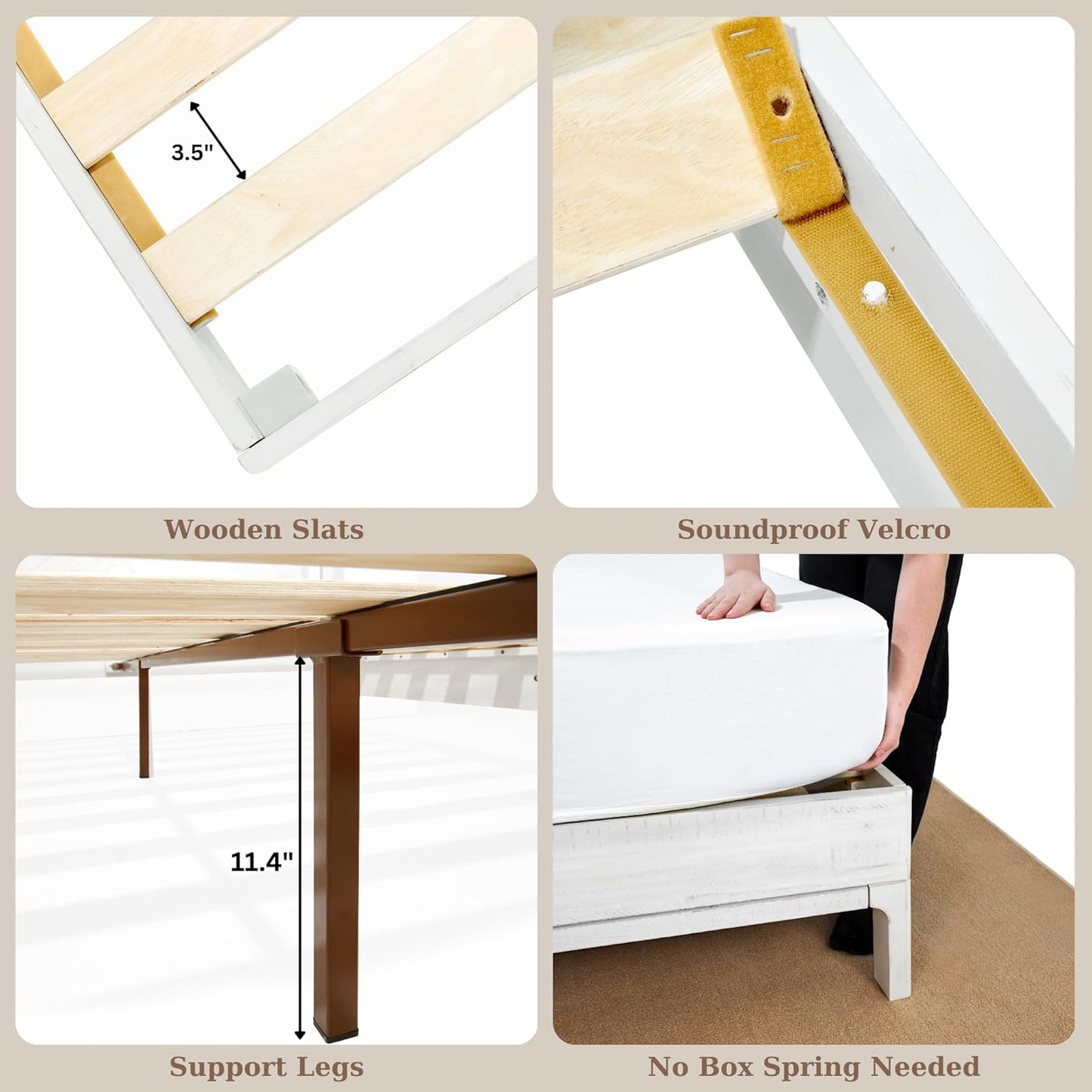 Bme Ethan Queen Bed Frame with Diamond Headboard, Mid-Century Modern, Solid Acacia Wood, No Box Spring Needed, Fits All Mattresses, Rustic White