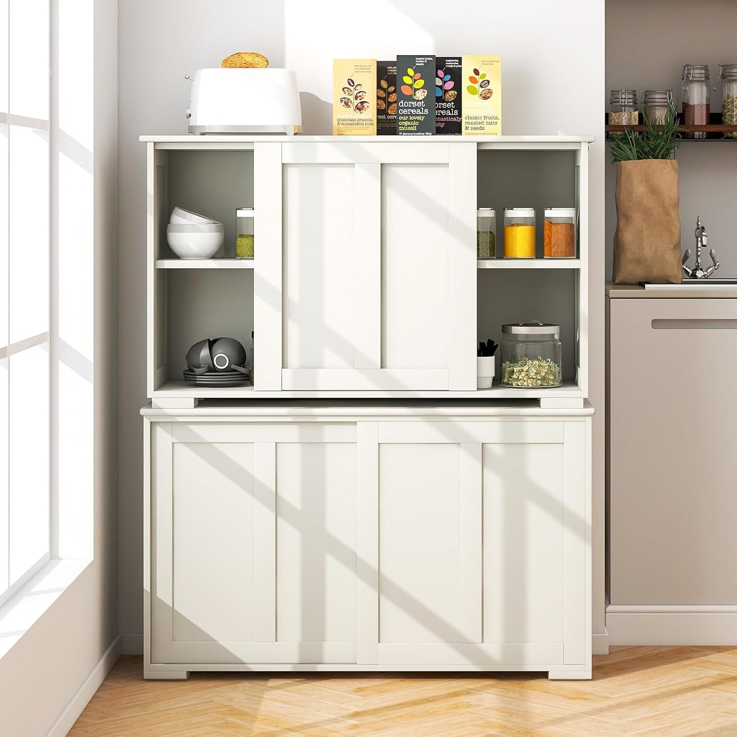 Costzon Sideboard Buffet Cabinet of 2, Wooden Kitchen Storage Cabinet with Adjustable Shelf, Sliding Barn Door, Accent Coffee Bar Cabinet Console Table for Living Room, Dining Room, Hallway