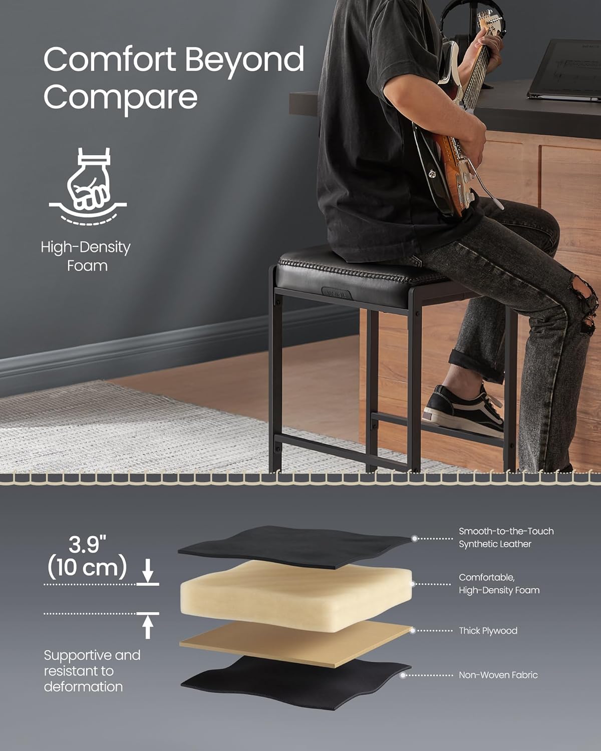 VASAGLE EKHO Collection - Bar Stools Set of 2, Counter Height Bar Stools, Synthetic Leather with Stitching, Mid-Century Modern Counter Stools, 26-Inch Tall, Kichen Home Bar Dining Room, Ink Black