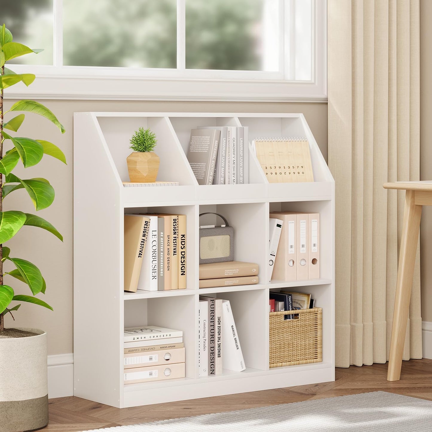 9-Cube Wooden Storage Bookcase - 11-Inch Open Shelf Cabinet, Simple Modern Bookshelf Organizer for Home Office, Living Room, White