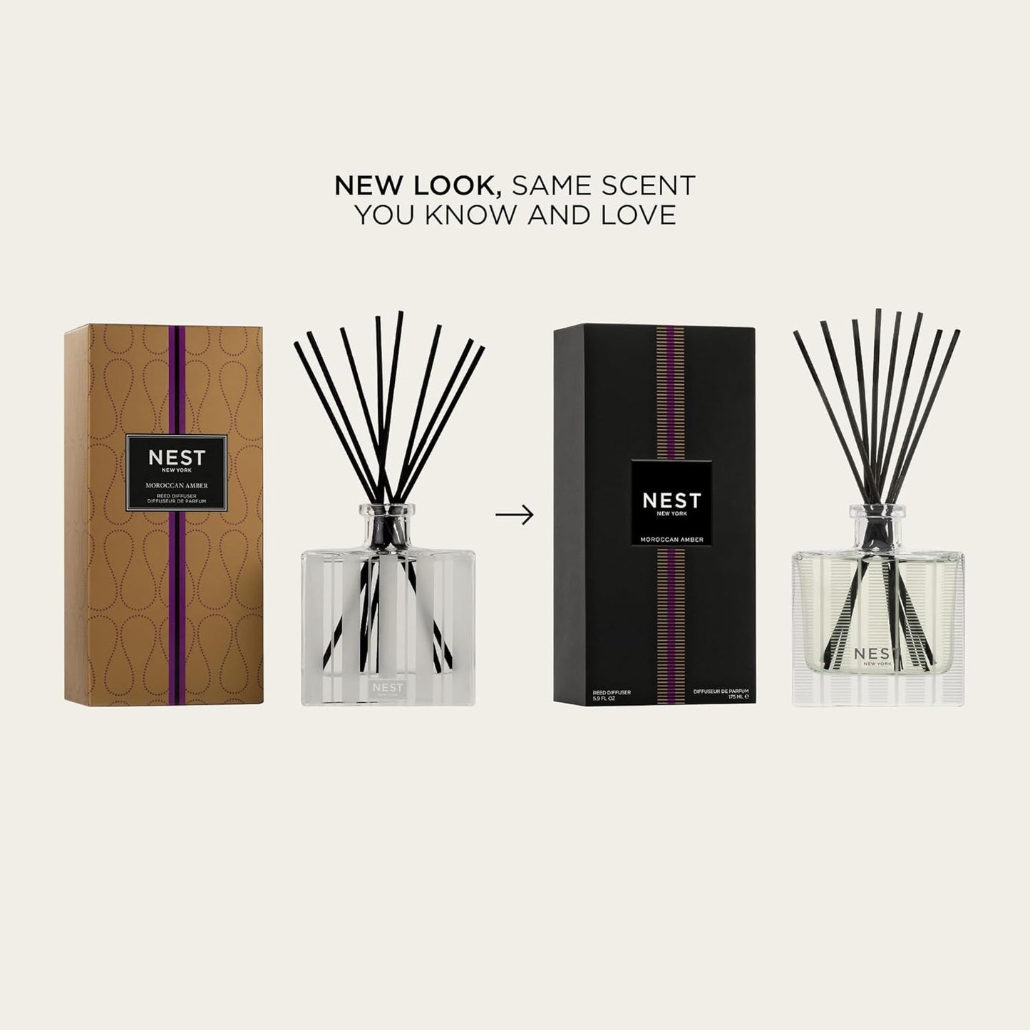 NEST New York Reed Diffuser, Moroccan Amber - 5.9 fl oz - Fragrance for Up to 90 Days - Reusable, Refillable Glass Holder - Includes 8 All-Natural Reed Sticks - Flame Free