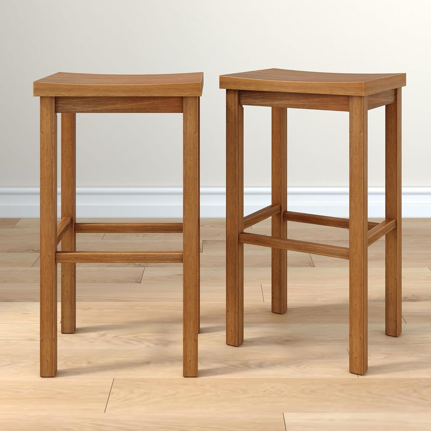 Grain & Grove Smith Collection Set of 2 Solid Wood Bar Stools, 30 inch Saddle-Seat Bar Chairs, Backless, Heavy-Duty Construction, Footrest Support, for Kitchen Islands, Home Bars, and Counters, Pecan
