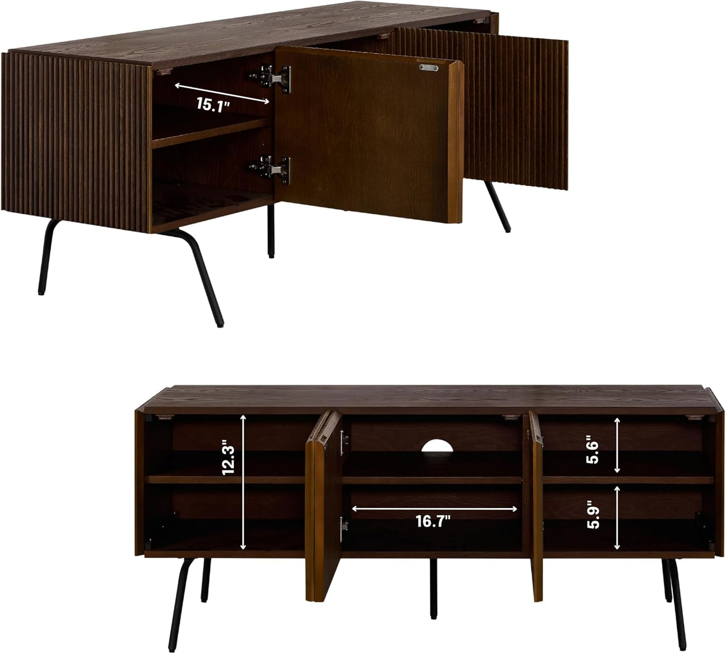 NTC Veil TV Stand with 3 Doors for TVs up to 60’’, Media Console with Vertical Groove Design and Metal Legs, Modern Entertainment Center for Living Room and Bedroom, Effortless Assembly, Dark Walnut