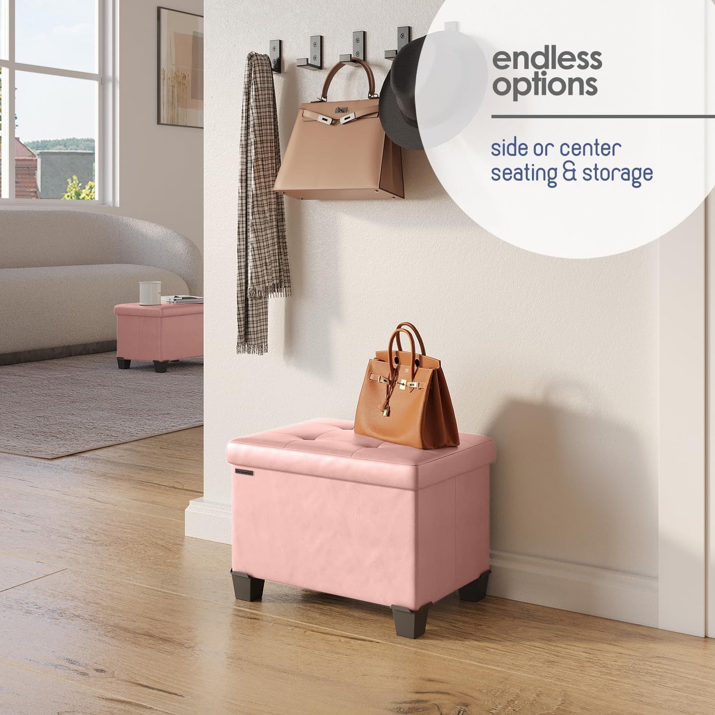 STORAGEBUD Storage Ottoman Cube with Small Bin, 16-in Square Ottoman with Storage for Living Room and Bedroom, Small Ottomans Foot Rest, Faux Leather Foot Stools Ottomans Max 330lbs, Pink