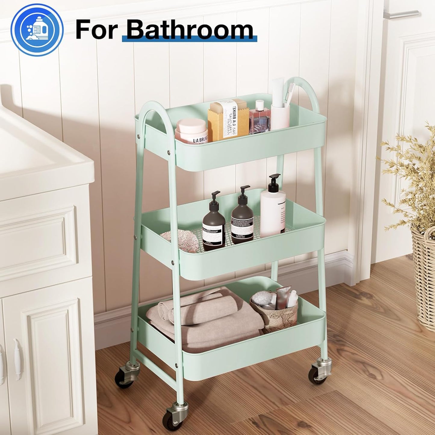 OLIXIS 3 Tier Utility Rolling Cart with Lockable Caster Wheels, Metal Mobile Storage Shelf, Organization for Livingroom, Bathroom, Kitchen, & Narrow Places, Light Green