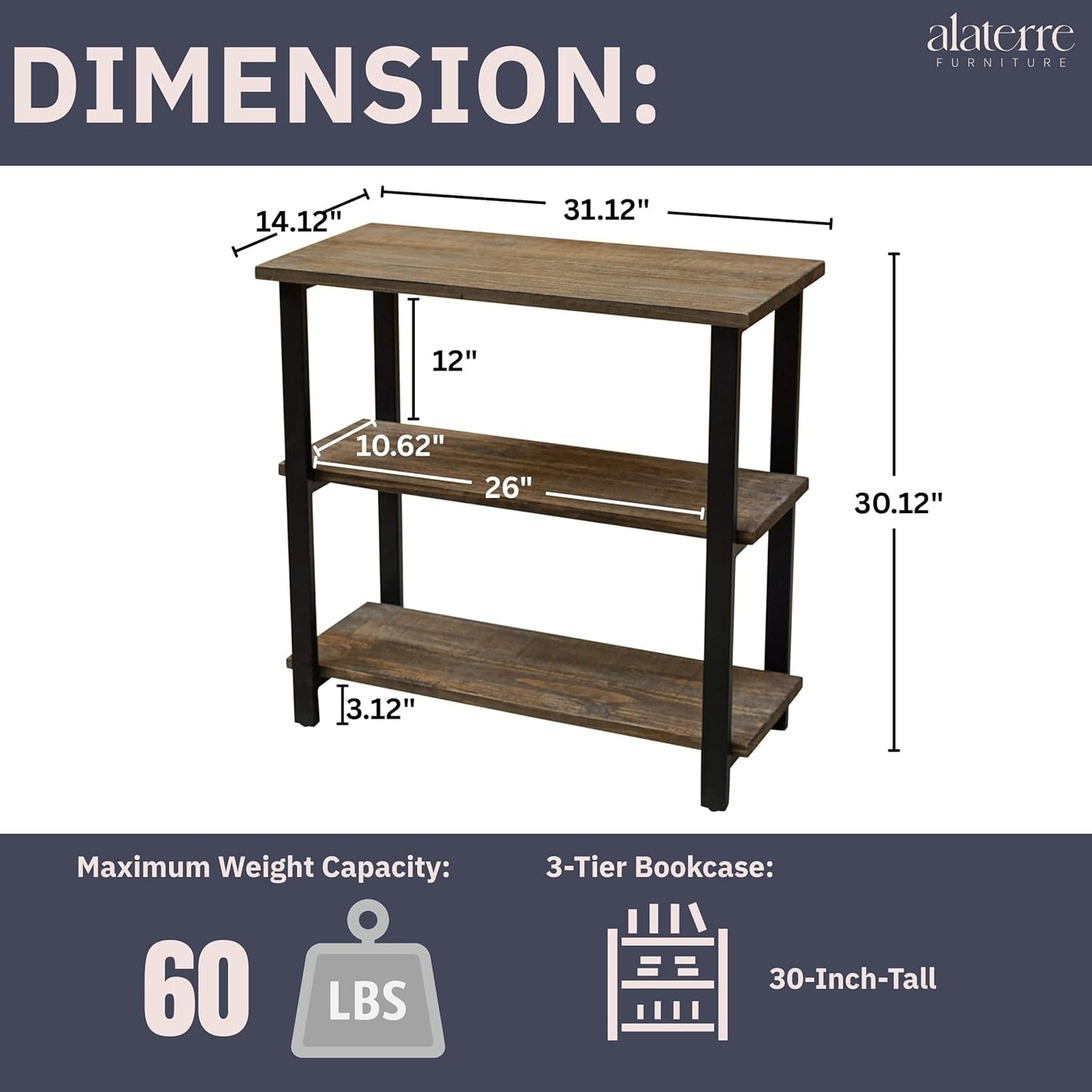 Pomona 3-Tier Bookcase with 2 Lower Shelves – 30" Tall Rustic Industrial Under-Window Bookshelf with Solid Wood and Metal Frame for Living Room, Bedroom, or Home Office by Alaterre Furniture
