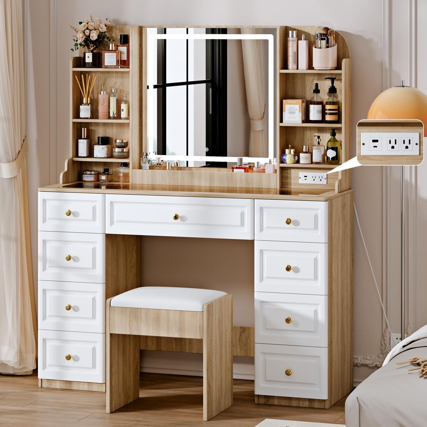 43" Makeup Vanity Desk with Mirror and Lights, & Power Outl, Glass Top Big Vanity Table with 9 Drawers& 8 Storage Shelves, Dressing Table Set with Chair for Bedroom, White+Oak